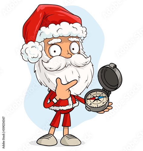 Cartoon cute funny bearded Santa Claus in red costume and cap holding geographical mariner compass. Layered vector for animations. Isolated on white background. New Year and Christmas vector icon.