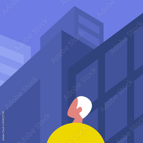 Modern cityscape, young male character looking at the architecture of city downtown, skyscrapers and office buildings