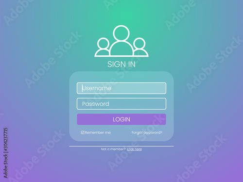 User login form template. Sign in window with blurred backdrop. Login interface. Website UI UX. Create account page. Username and password fields. Vector illustration