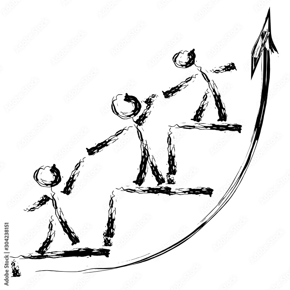 Vector hand drawn teamwork concept sketch. Group of people trying to climb  up mountain and helping each other with hand, sun at background Stock Photo  - Alamy