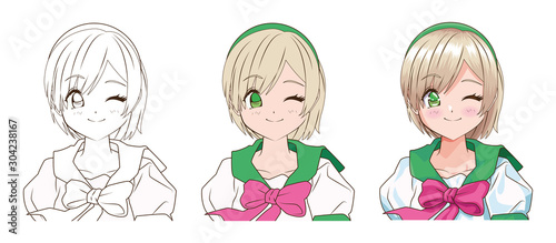 drawing process of young woman anime style character