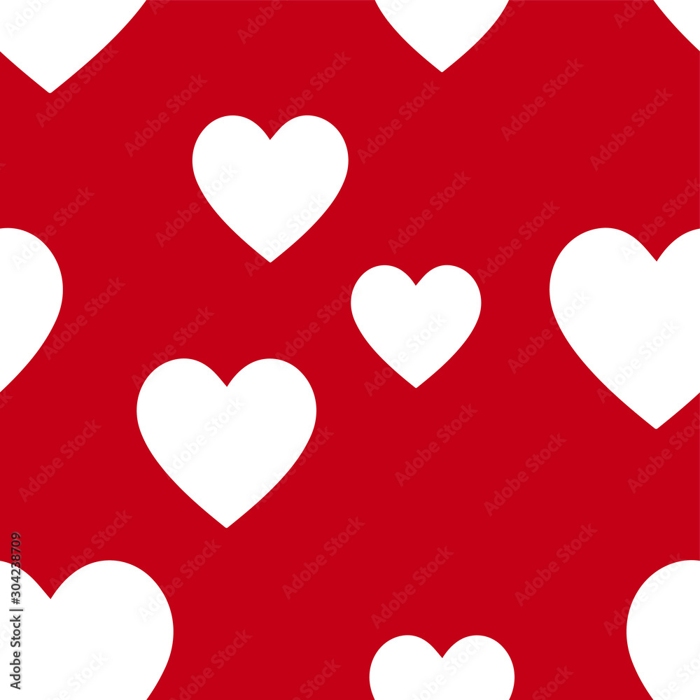 White heart design element seamless pattern. Red background textile texture.