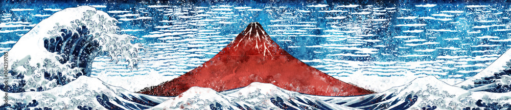 Obraz Kaifu Sunny & Great Wave off Kanagawa Wide Version Watercolor Part 1
