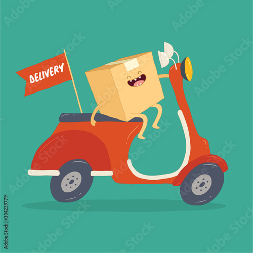 Your package rushes to you on the courier scooter. Vector graphics.