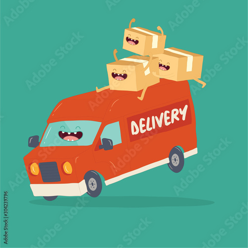 Your package rushes to you on the delivery van. Vector graphics.