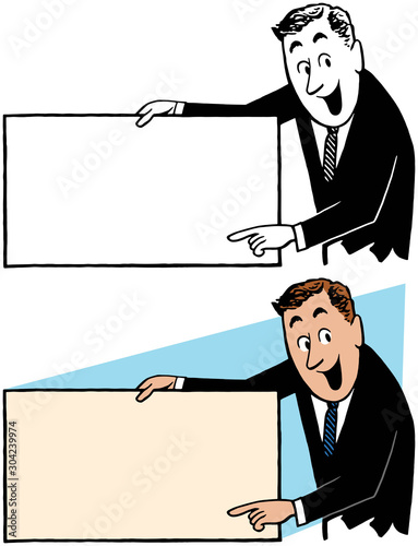 A cartoon of a businessman holding a blank sign and pointing to it. 