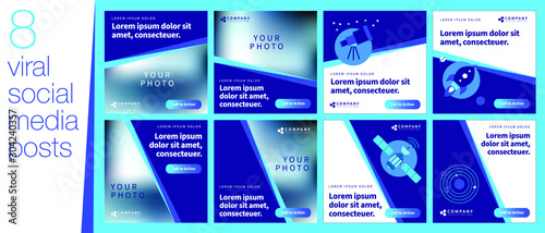 Social media banner kit in square 1:1 layout for science and tech bussiness brands with a inbound marketing strategy. Special editable set of mobile optimized posts and stories for content marketing.