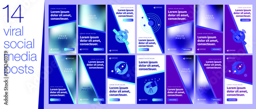 Social media banner kit in portrait layout for science and tech bussiness brands with a inbound marketing strategy. Special editable set of mobile optimized posts and stories for content marketing.