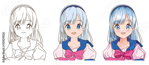 drawing process of young woman anime style character