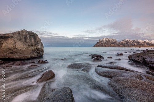 Beautiful rocks at Uttakleiv Beach, Lofoten Islands, Norway, Scandinavia, long exposure