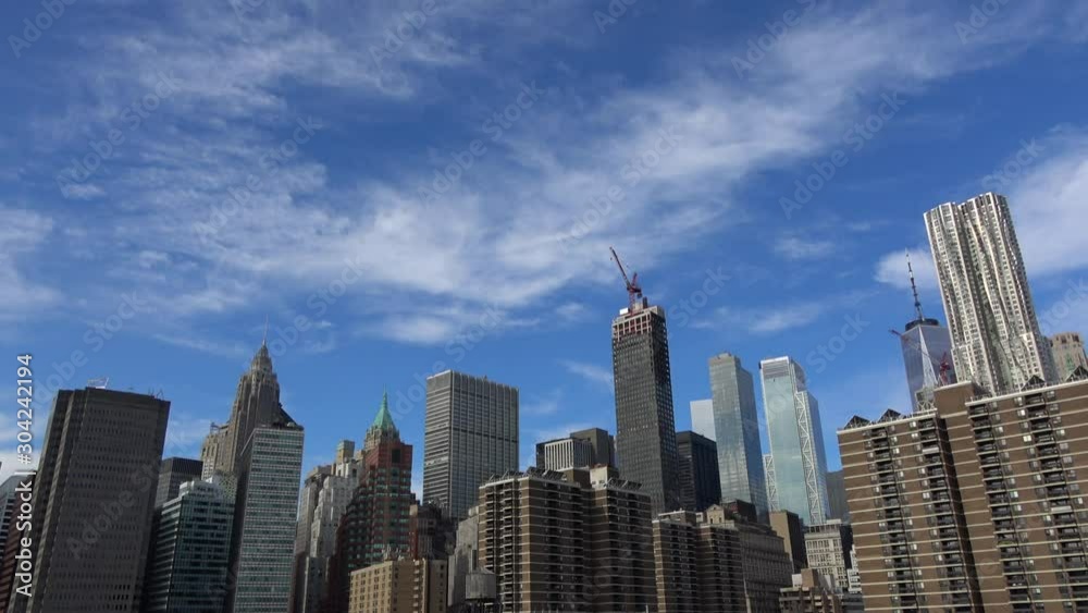 4K. Ultra HD. Skyline of the tall buildings of New York, seen upwards while the camera makes a panoramic view. New York buildings are very close to each other. Financial. 4K. Ultra HD. Skyline of the tall buildings of New York, seen upwards while the camera makes a panoramic view. New York buildings are very close to each other. Financial.