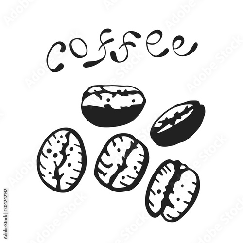 Handwritten lettering of coffee with coffee beans and decorative spray. Vector calligraphy illustration isolated on white background. Typography for banners, badges, prints, posters.