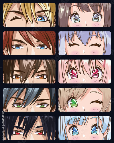 group of faces young people anime style characters