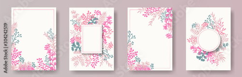 Wild herb twigs, tree branches, leaves floral invitation cards set. Bouquet wreath elegant cards design with dandelion flowers, fern, mistletoe, eucalyptus leaves, savory twigs.