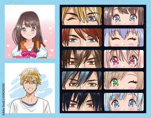 group of faces young people anime style characters
