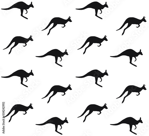 Vector seamless pattern of black kangaroo silhouette isolated on white background