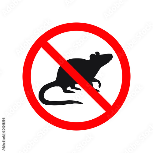 Vector black rat mouse silhouette crossed in red circle isolated on white background. extermination of rodents sign