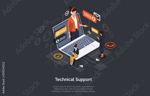 Isometric Online customer technical support concept. Vector illustration.