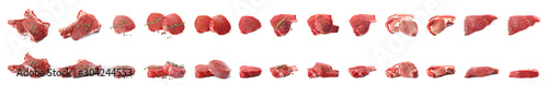 Fotografia Set of fresh raw beef steaks isolated on white. Banner design