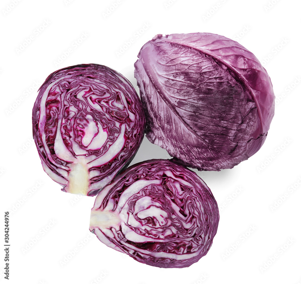 Fresh ripe red cabbages isolated on white, top view Fresh ripe red cabbages isolated on white, top view