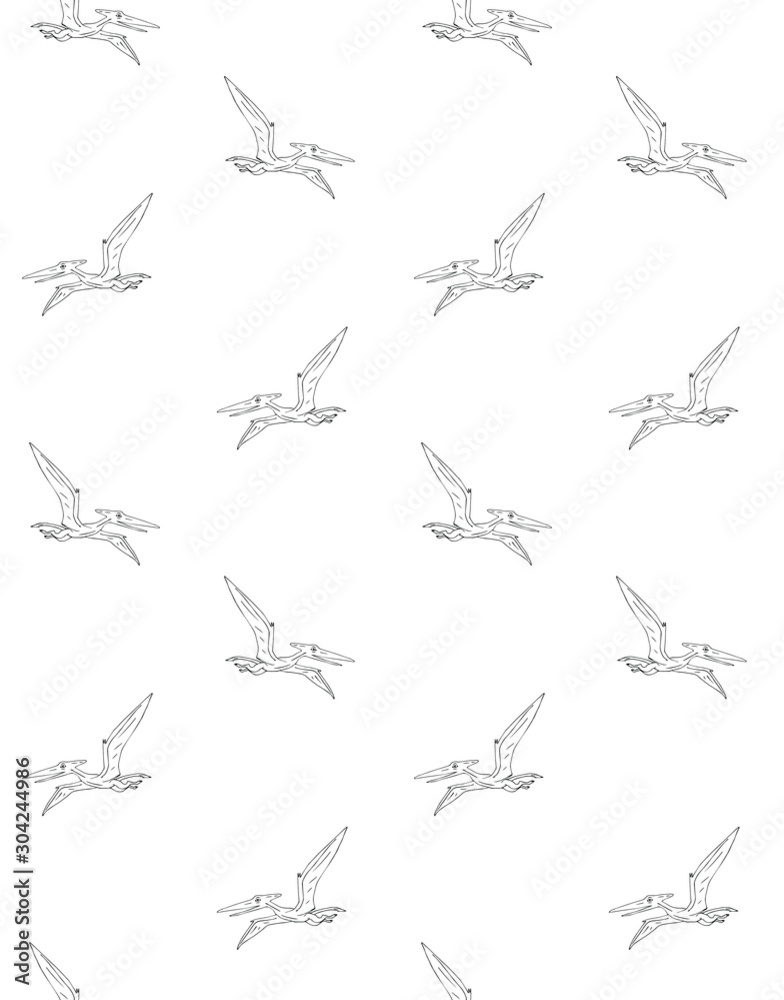 Vector seamless pattern of black hand drawn outline sketch flying pterodactyl dinosaur isolated on white background