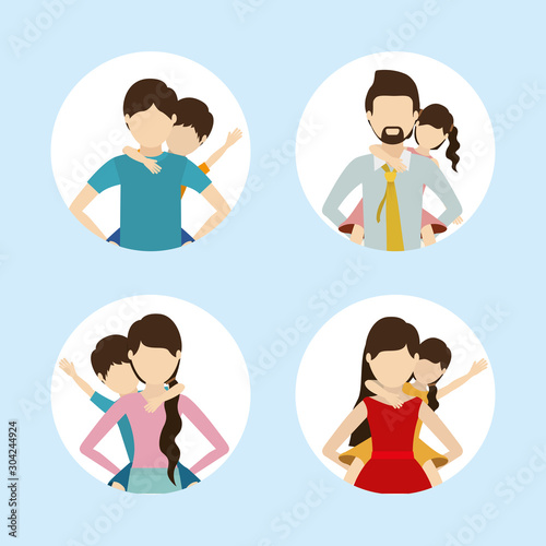 Set of fathers and mothers with sons vector design