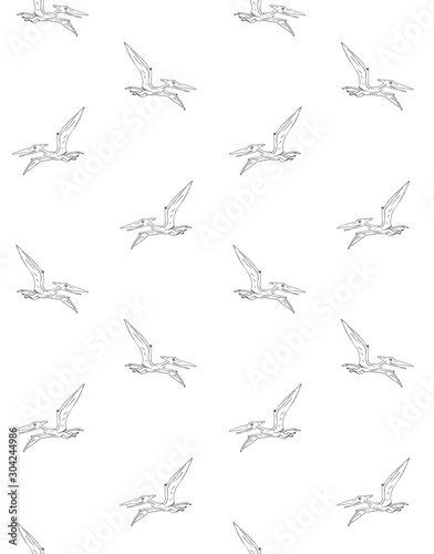 Vector seamless pattern of black hand drawn outline sketch flying pterodactyl dinosaur isolated on white background