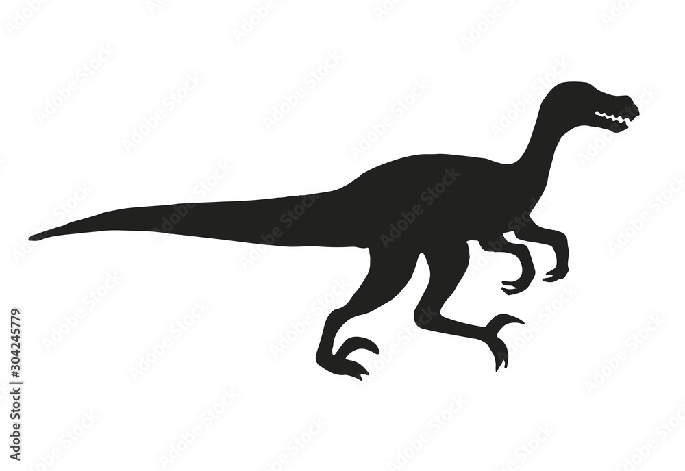 Vector black velociraptor dinosaur silhouette isolated on white background