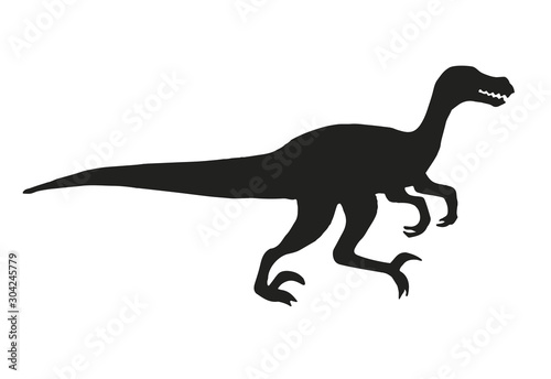 Vector black velociraptor dinosaur silhouette isolated on white background