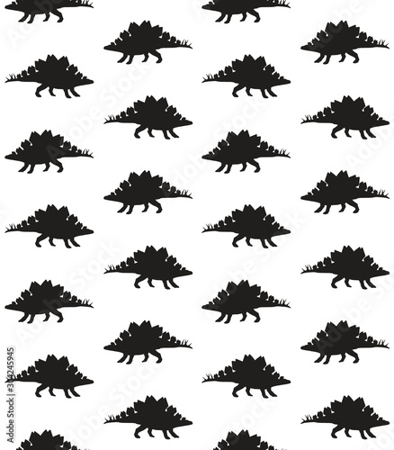 Vector seamless pattern of black stegosaurus dinosaur silhouette isolated on white background