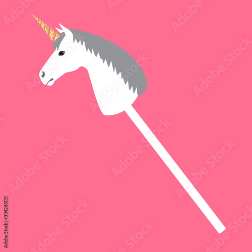 Vector flat cartoon riding hobby horse unicorn isolated on pink background