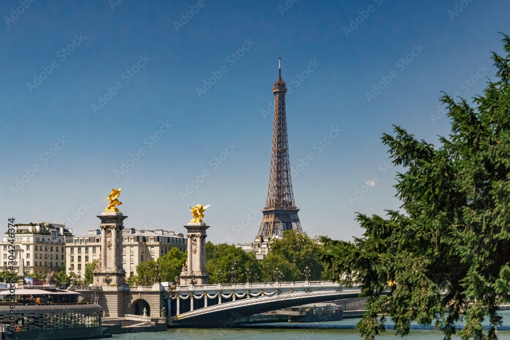 Pont Alexandre III details with the Eiffel Tower in the background, with blue sky