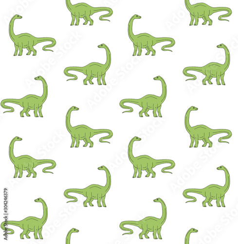 Vector seamless pattern of green hand drawn sketch diplodocus brachiosaurus dinosaur isolated on white background