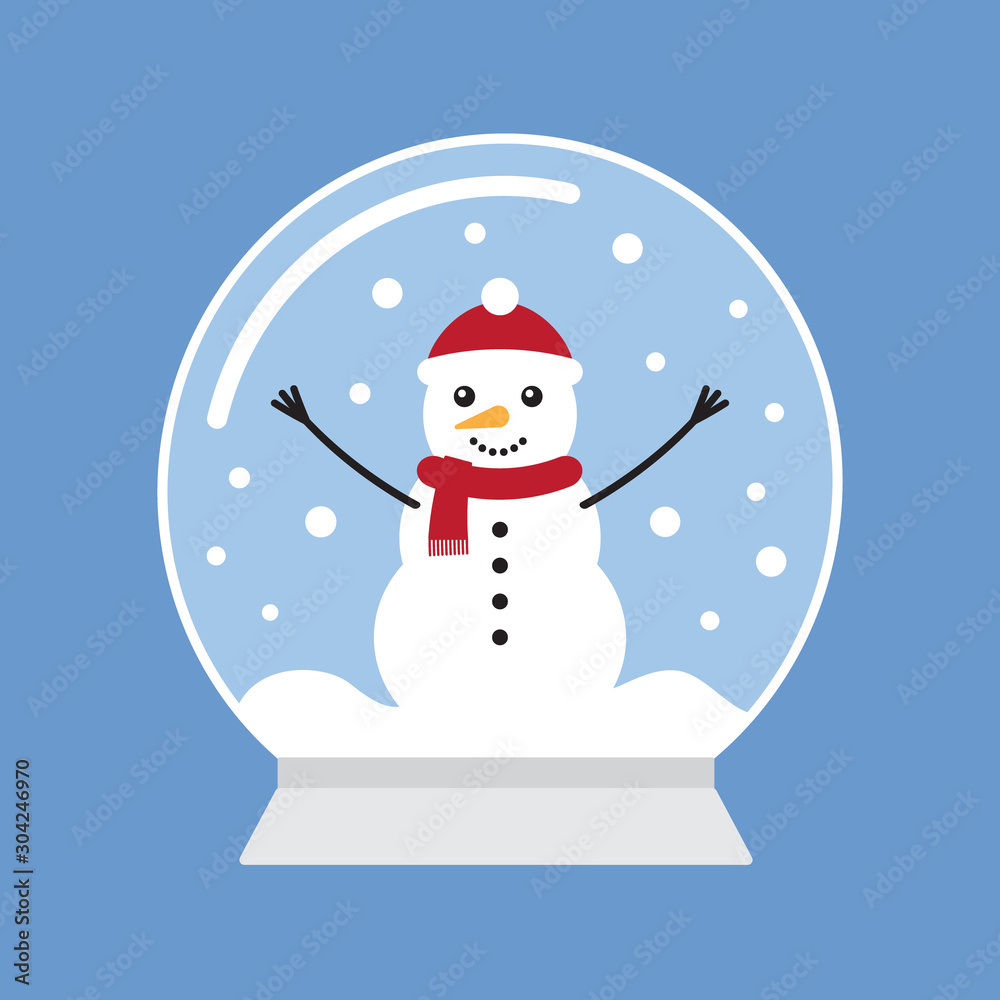 Vector flat cartoon snowball with snowman isolated on blue background