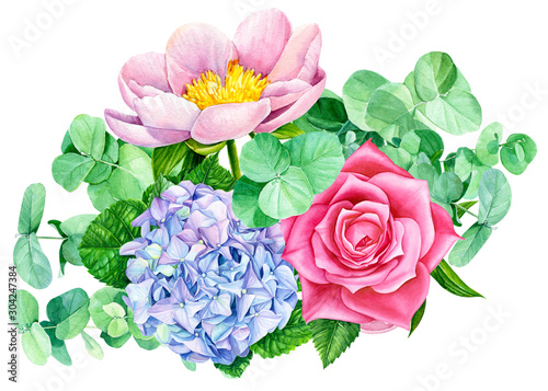greeting card  watercolor illustration  bouquet of summer flowers  green eucalyptus  peonies  hydrangea  pink rose.