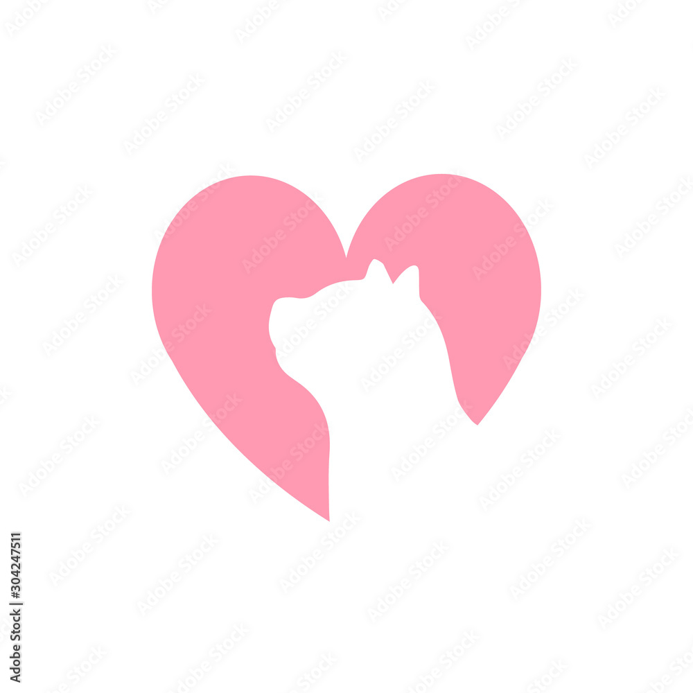 Vector flat cat silhouette in pink heart logo isolated on white background Vector flat cat silhouette in pink heart logo isolated on white background