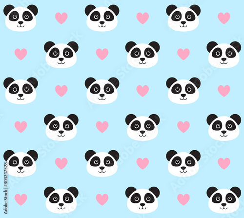 Vector seamless pattern of flat cartoon panda face and hearts isolated on pastel blue background