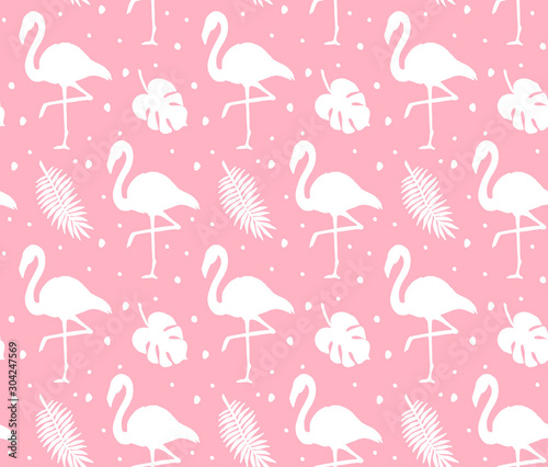 Vector seamless pattern of white flamingo and palm leaves silhouette isolated on pastel pink background