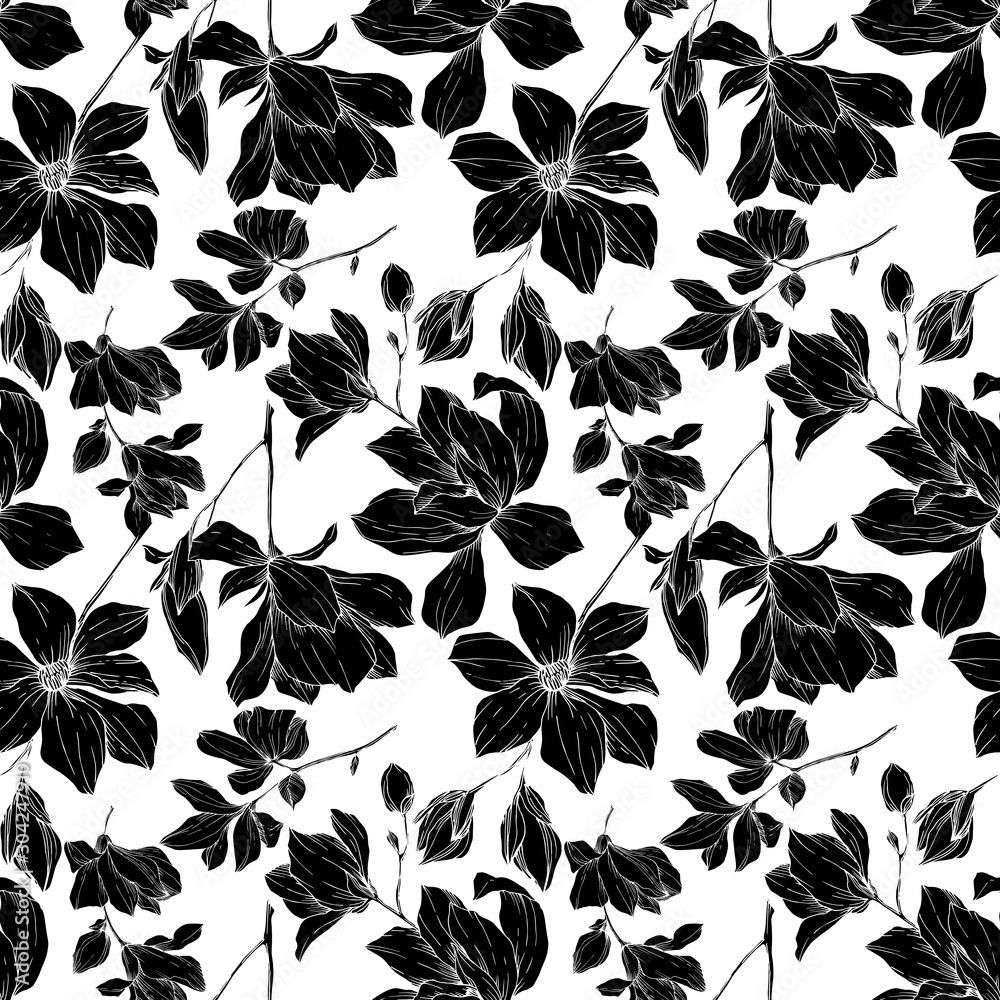 Vector Magnolia floral botanical flowers. Black and white engraved ink art. Seamless background pattern.