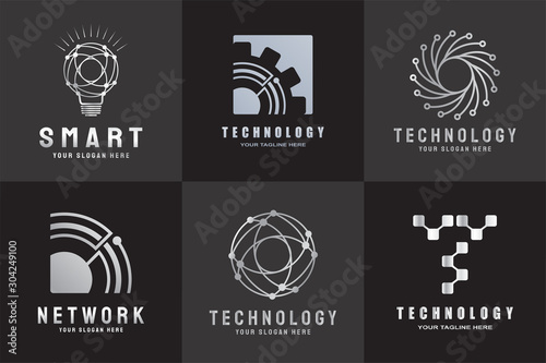 Digital technology logo. connections sign. internet network. tech future luxury icons. circuit board element design with gold and black concept. Abstract engineering symbol . electronics backgrounds.