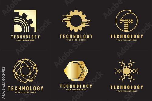 Digital technology logo. connections sign. internet network. tech future luxury icons. circuit board element design with gold and black concept. Abstract engineering symbol . electronics backgrounds.