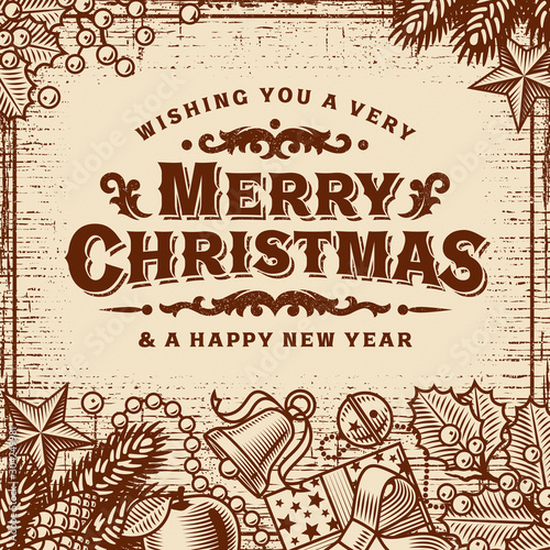 Merry Christmas Vintage Card Brown. Editable monochrome vector illustration with clipping mask in woodcut style.