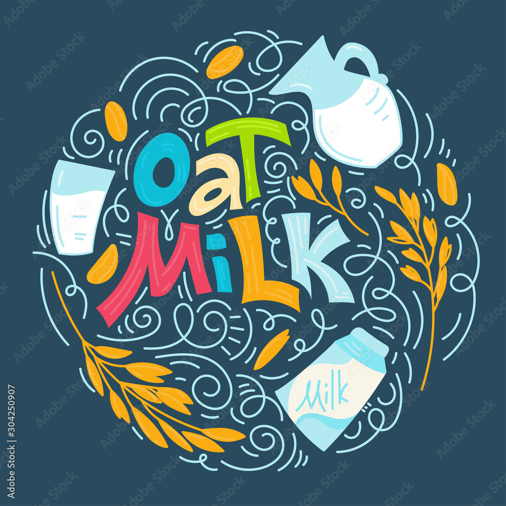 Oat milk hand drawn lettering. Spikes and grains of oats, glass with oat milk, carton box and glass jar of milk. Doodle style, vector illustration. Oat milk hand drawn lettering. Spikes and grains of oats, glass with oat milk, carton box and glass jar of milk. Doodle style, vector illustration.