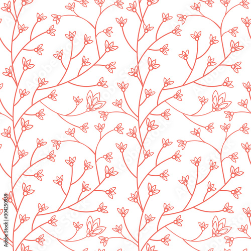 Floral seamless pattern design. Branch with small flowers and leaves. Hand drawn doodle flowers. Color palette living coral. Vector illustration.