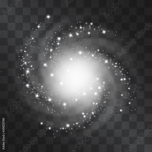 Light hurricane effect. Vector glowing tornado, swirling storm top view of shining stardust sparkles on transparent background. Glittering blizzard, ice cold magical illumination. Whirlwind flash.