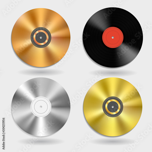 Vector vinyl disc record template mock up set on white background. Vintage acoustic media for gramophones. Retro audio plastic music disc with copy space for text, stylish posters, banners, ads. photo