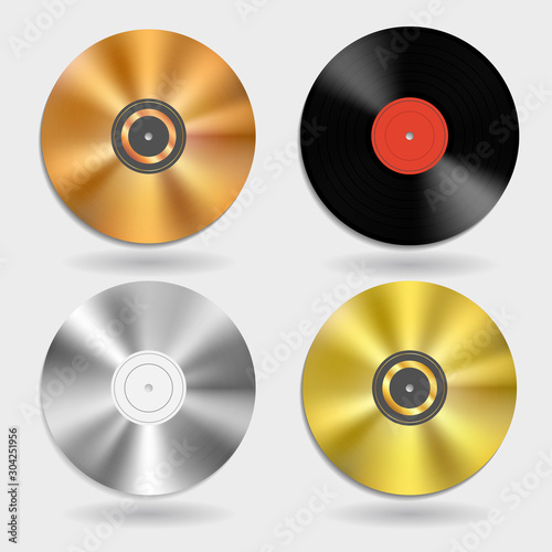 Vector vinyl disc record template mock up set on white background. Vintage acoustic media for gramophones. Retro audio plastic music disc with copy space for text, stylish posters, banners, ads.