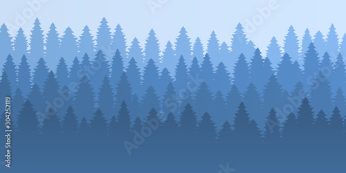 Mountain forest blue winter scenery vector background. Morning mist, panoramic outdoors view for tourism posters, hiking ad. Pine park, evergreen woods. Foggy morning, dim light calm mood illustration