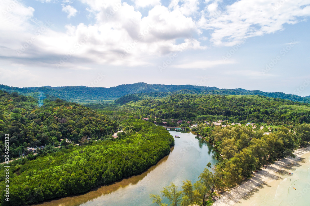 Obraz premium Aerial view mangrove forest river with sea bay nature environment