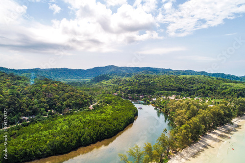 Aerial view mangrove forest river with sea bay nature environment